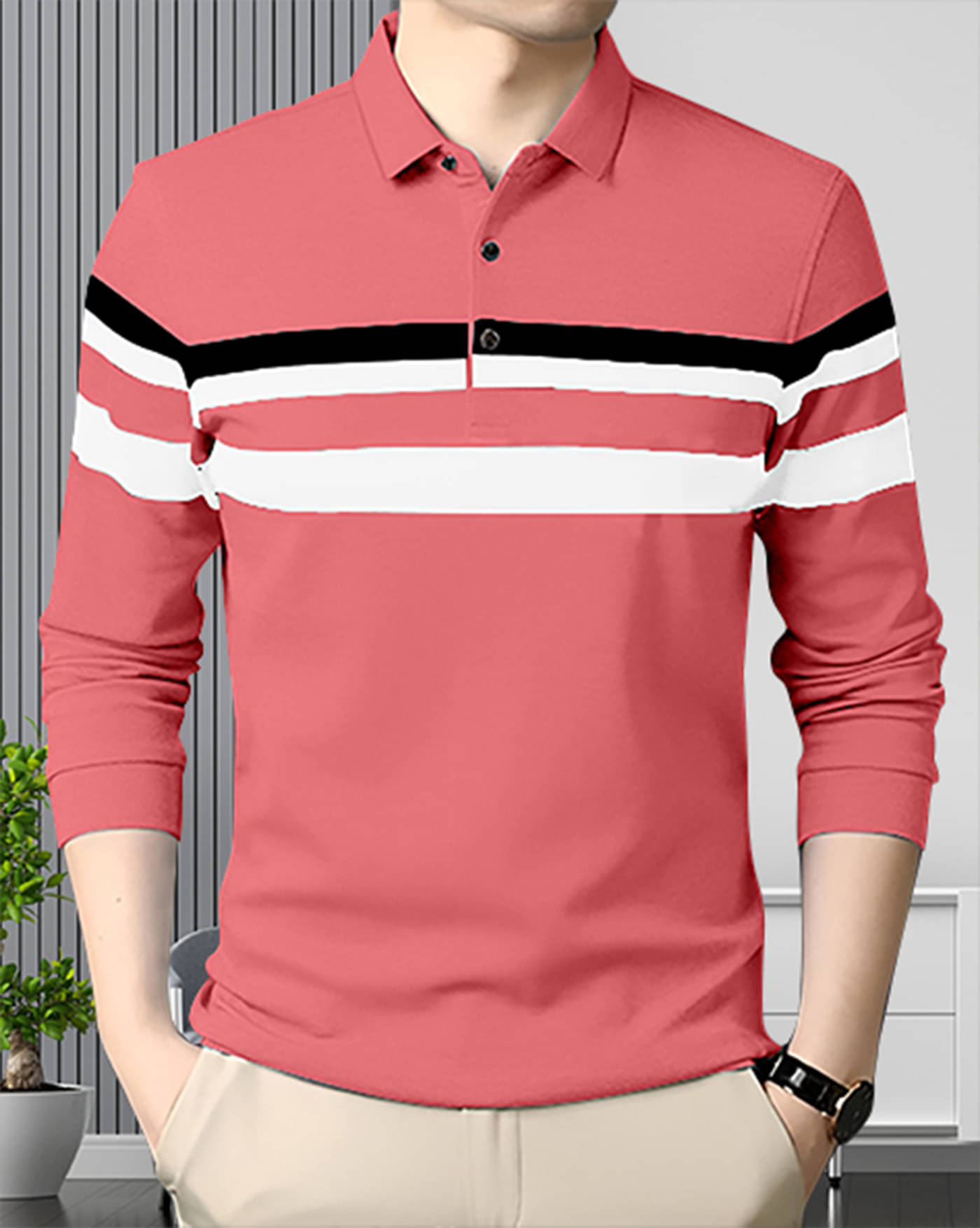     			ENITOR Men Cotton Blend Regular Fit Striped Polo T Shirt ( Peach )