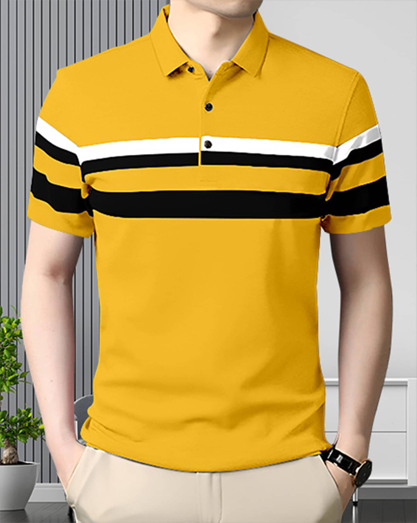     			ENITOR Men Cotton Blend Regular Fit Striped Polo T Shirt ( Mustard )