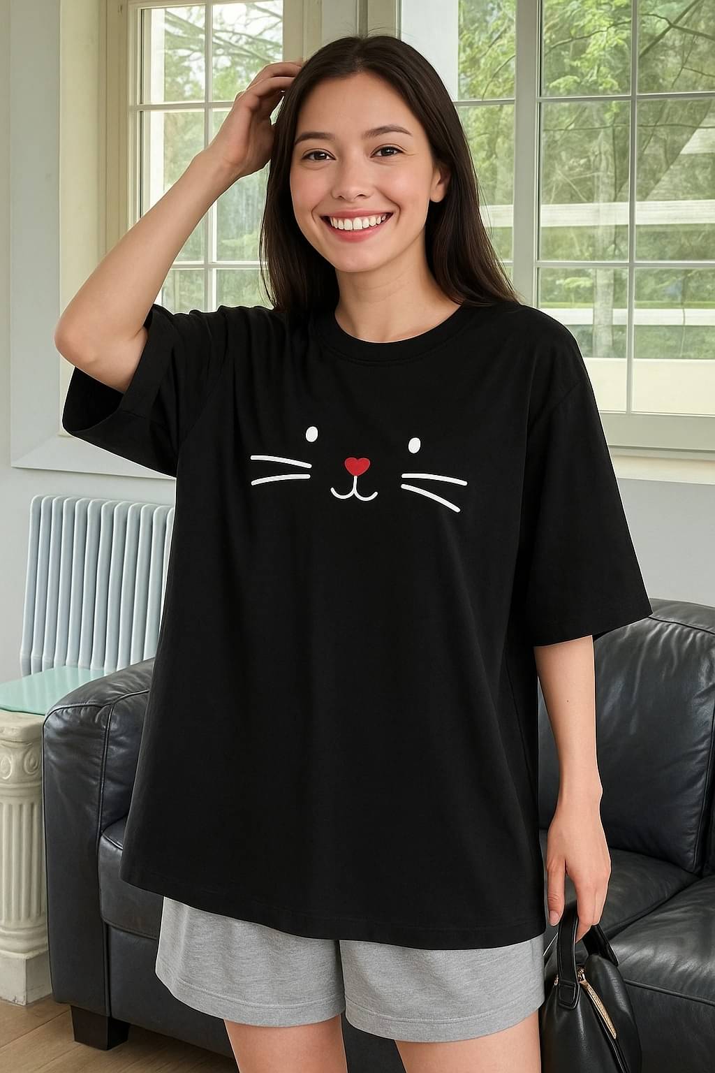     			Leo Perky - Fashion with joy Women Cotton Blend Printed Oversized Round Neck T-Shirt ( Black )