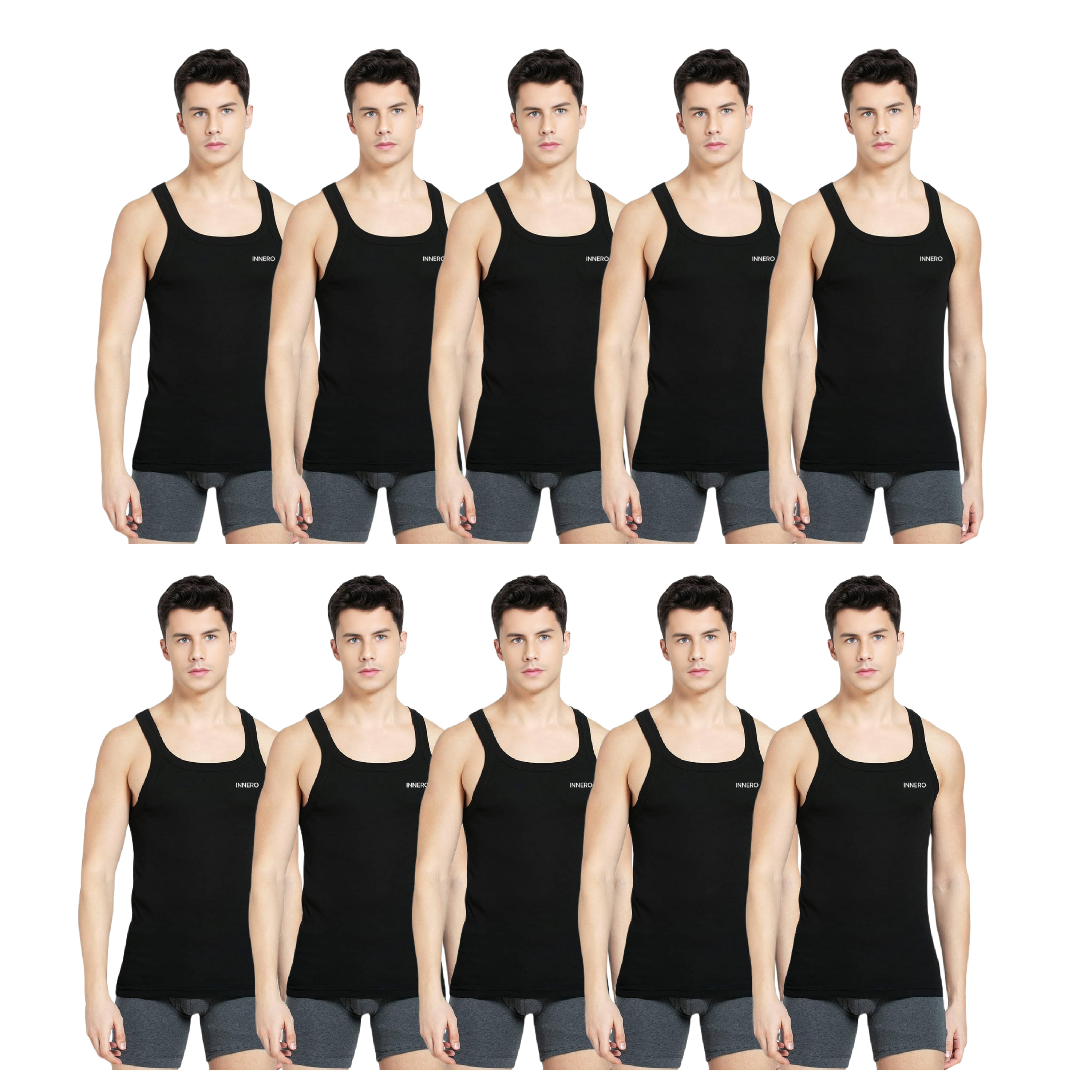 INNERO Pack of 10 Cotton Basic Vest For Men ( Black ) INNERO Pack of 10 Cotton Basic Vest For Men ( Black )