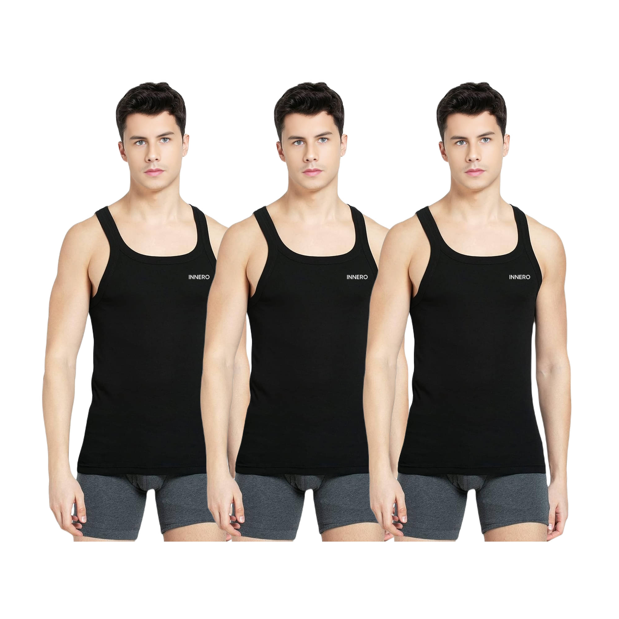     			INNERO Pack of 3 Cotton Gym Vest For Men ( Black )