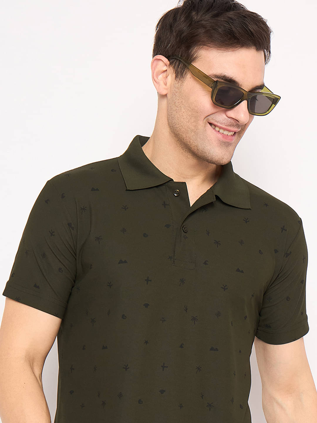     			KASMA Men Cotton Blend Regular Fit Printed Polo T Shirt ( Olive )