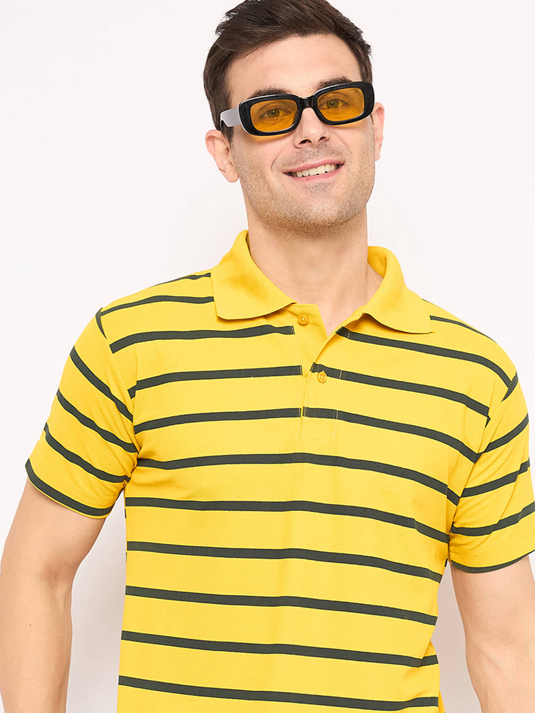 KASMA Men Cotton Blend Regular Fit Striped Polo T Shirt ( Yellow ) KASMA Men Cotton Blend Regular Fit Striped Polo T Shirt ( Yellow )