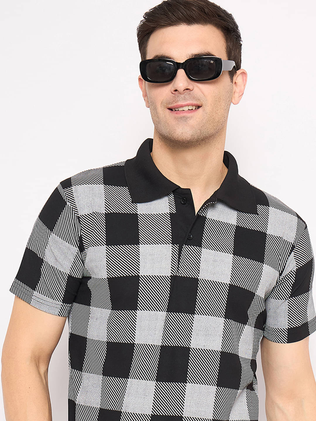     			KASMA Men Cotton Blend Regular Fit Checks Polo T Shirt ( Black )