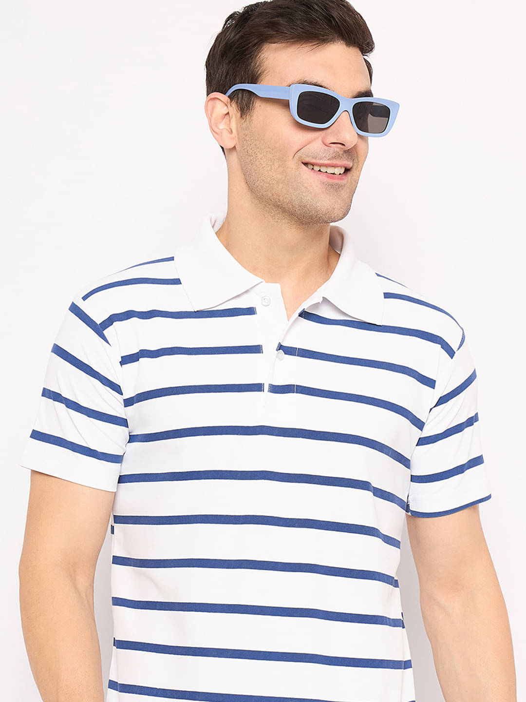 KASMA Men Cotton Blend Regular Fit Striped Polo T Shirt ( White )     			KASMA Men Cotton Blend Regular Fit Striped Polo T Shirt ( White )