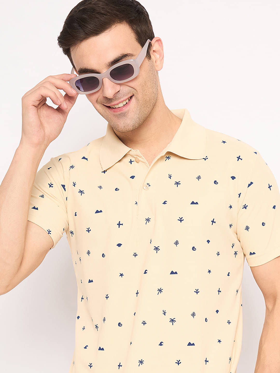    			KASMA Men Cotton Blend Regular Fit Printed Polo T Shirt ( Beige )