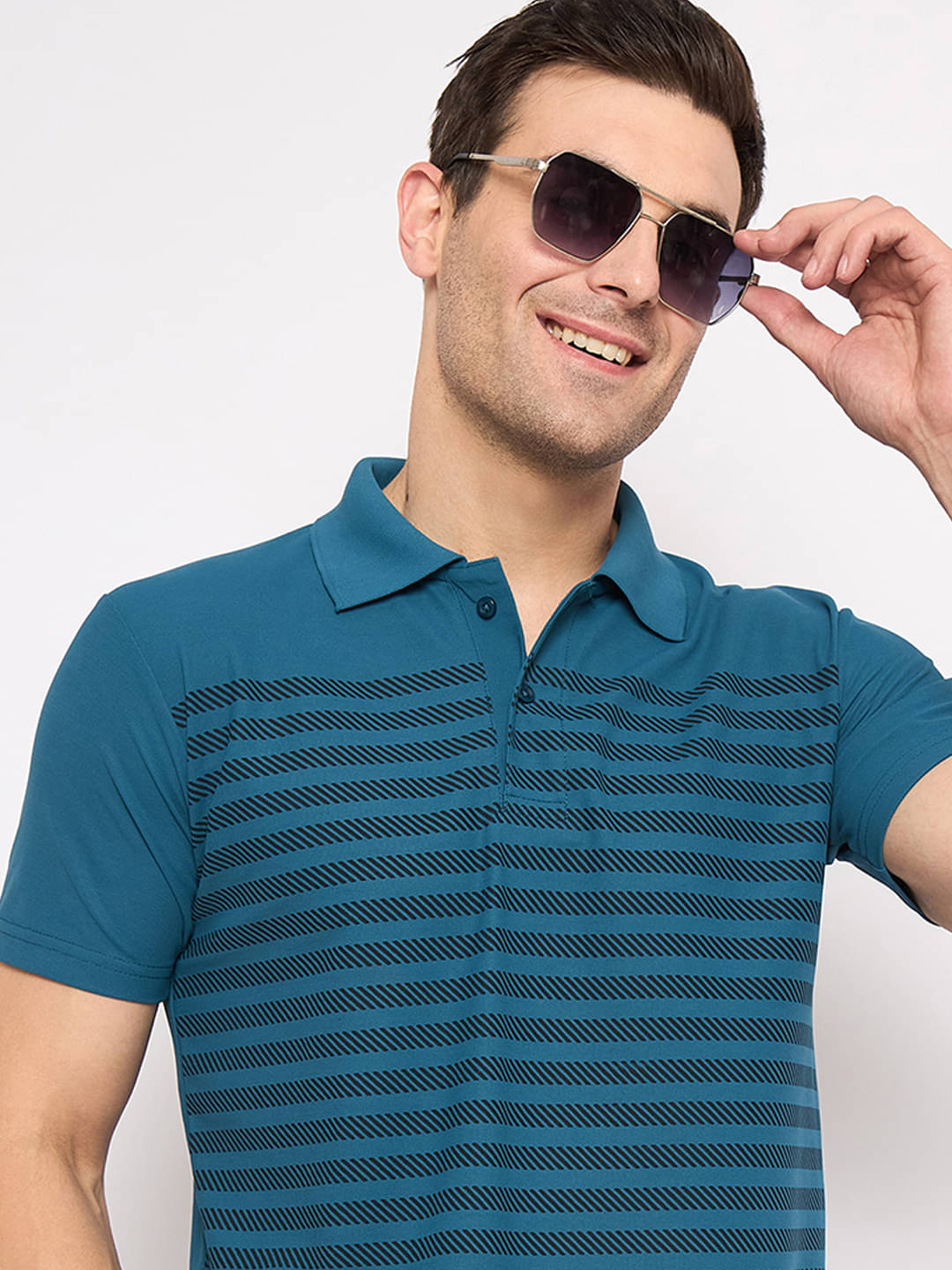 KASMA Men Cotton Blend Regular Fit Striped Polo T Shirt ( Teal Blue )     			KASMA Men Cotton Blend Regular Fit Striped Polo T Shirt ( Teal Blue )