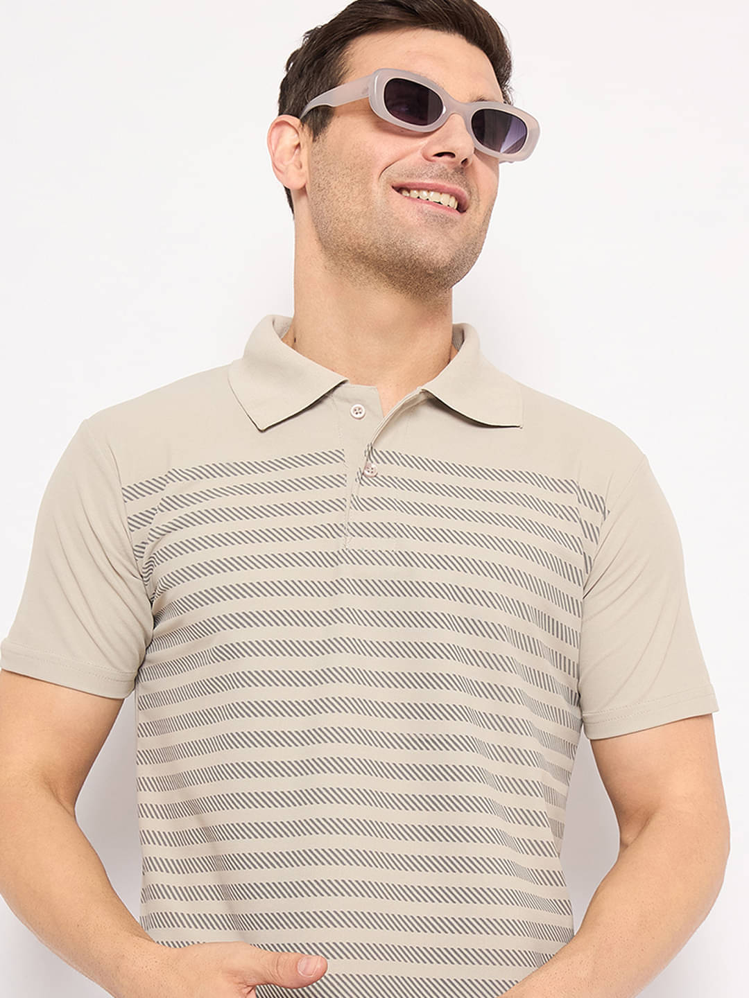     			KASMA Men Cotton Blend Regular Fit Striped Polo T Shirt ( Grey )
