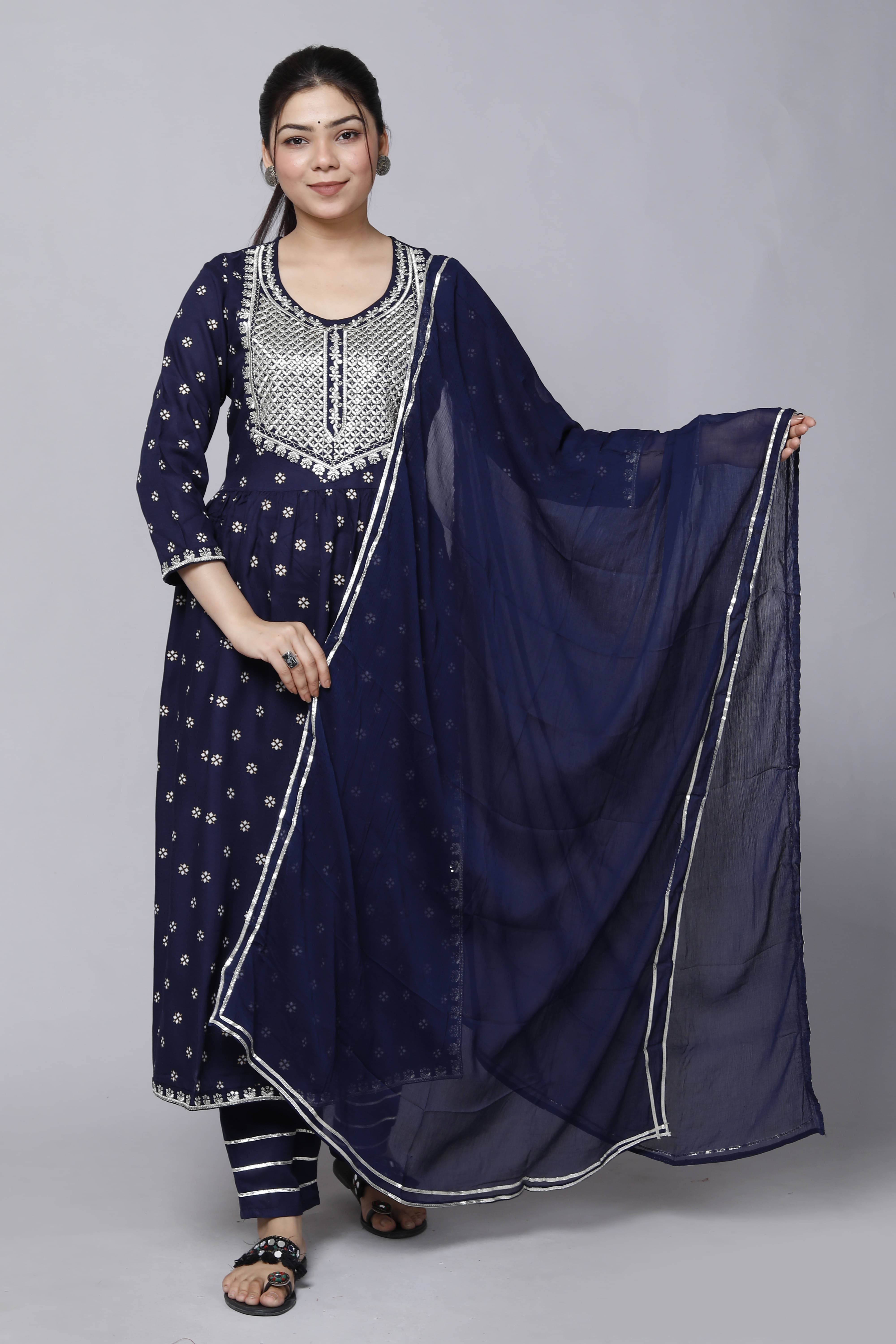     			Kanchan Fabrics Women Viscose Embellished Nayra Kurti With Pants ( Blue )