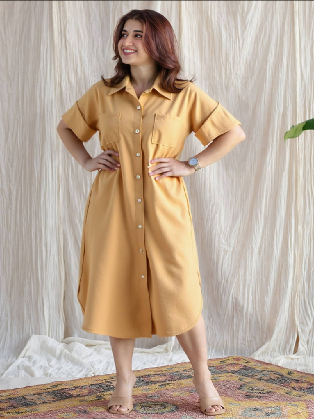     			MAYKR Women Cotton Solid Shirt Dress ( Camel )
