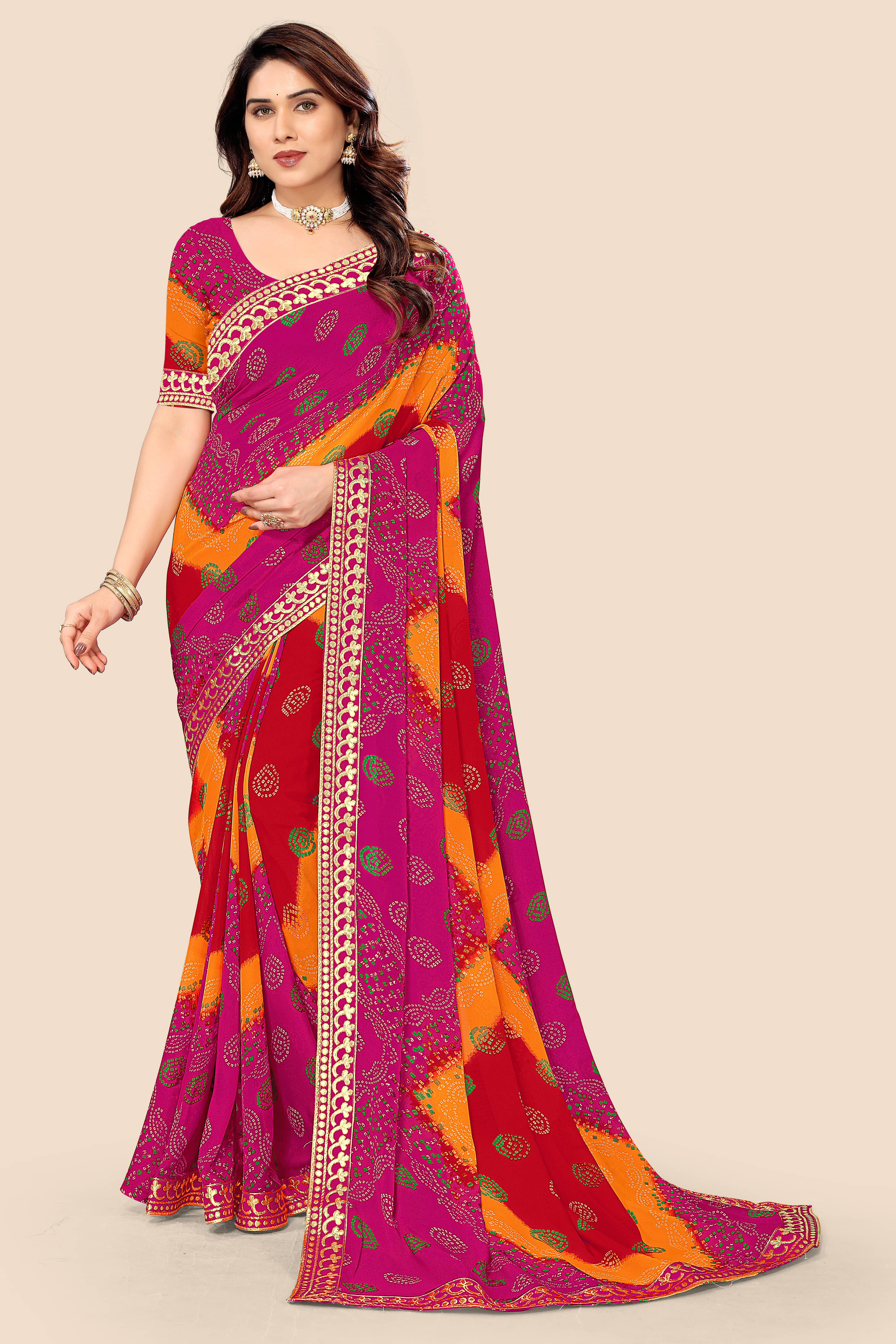     			Maayro Georgette Printed Saree With Unstitched Blouse Piece ( Rani )