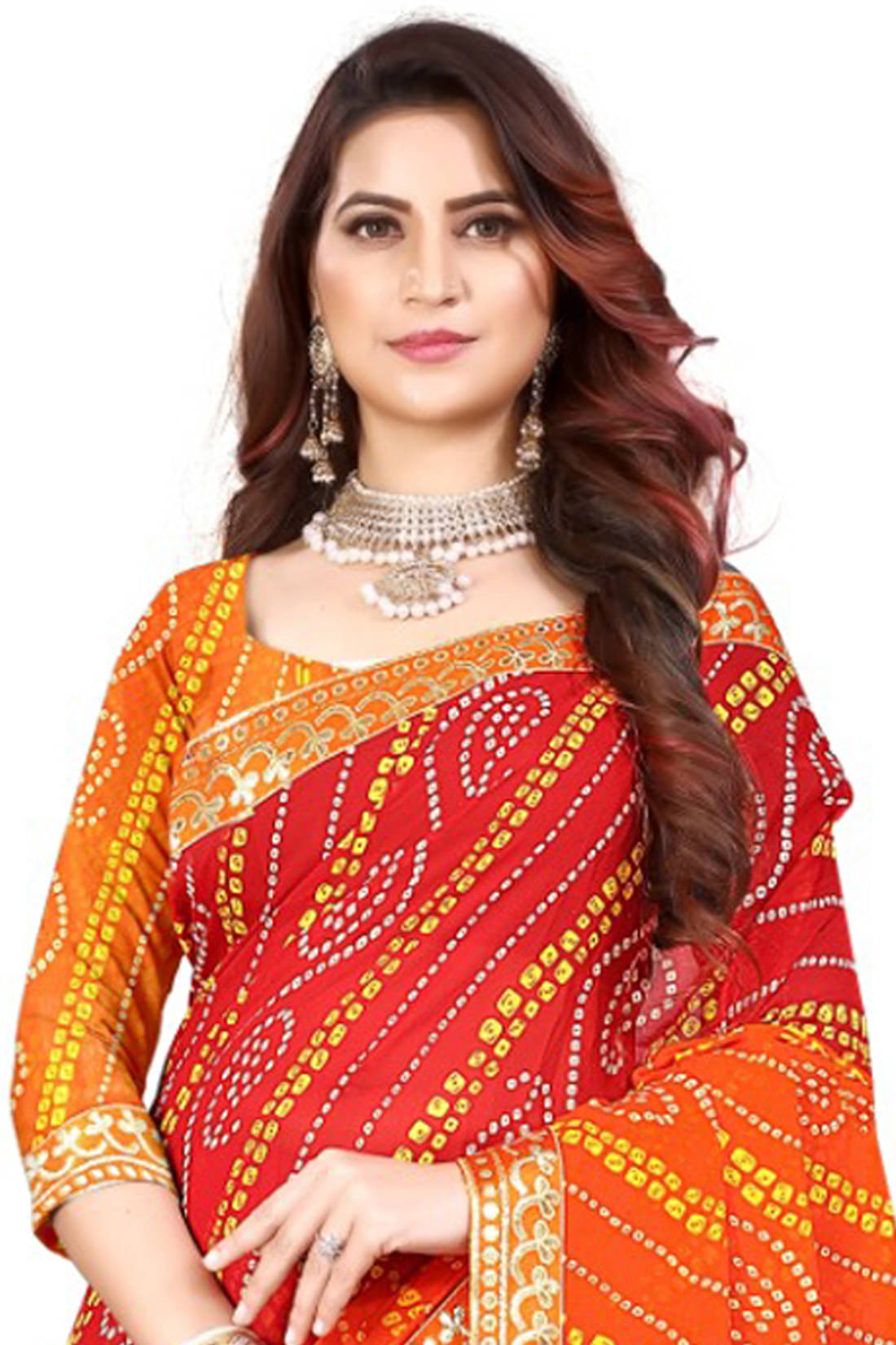     			Maayro Georgette Printed Saree With Unstitched Blouse Piece ( Orange )