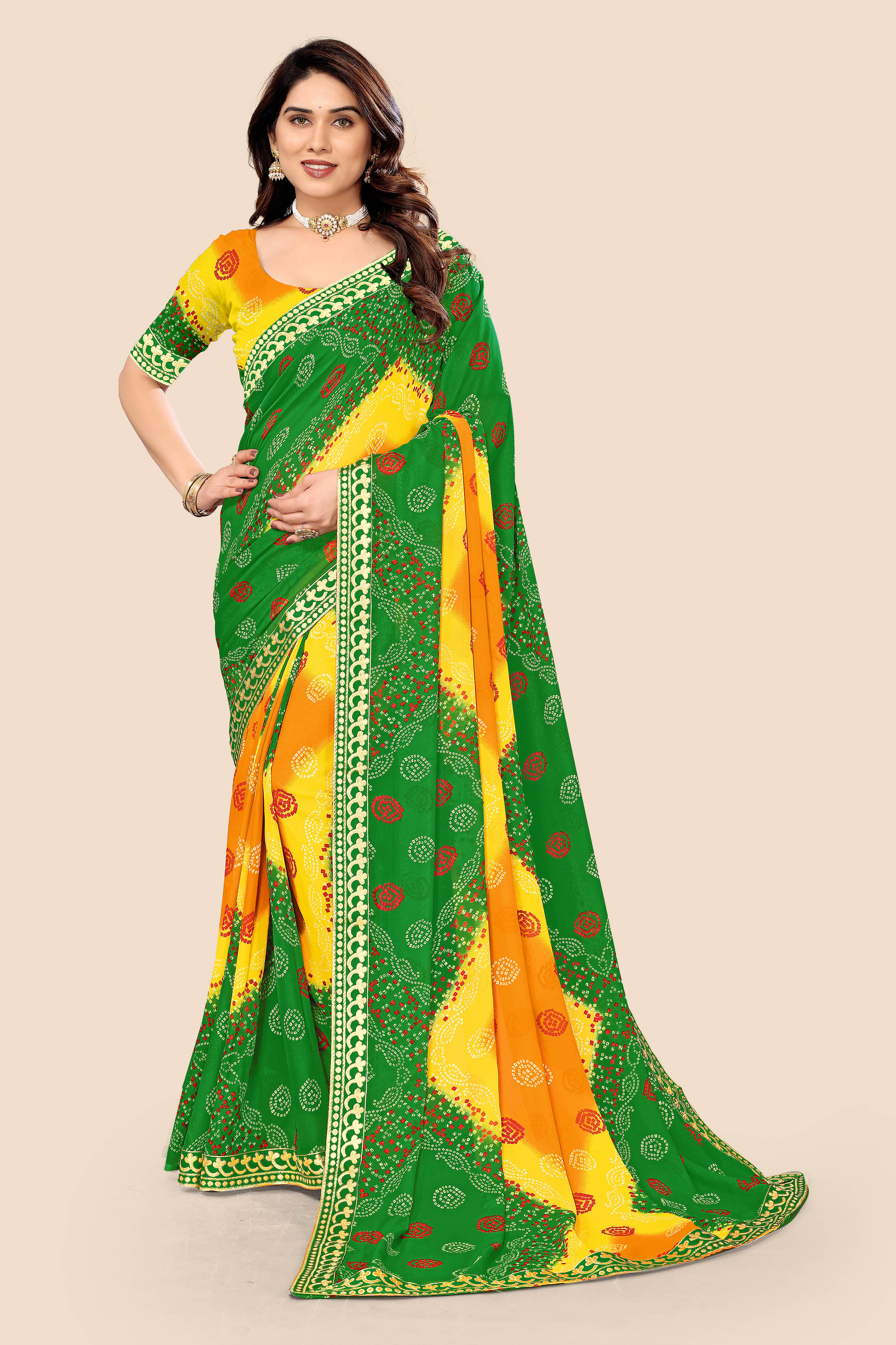     			Maayro Georgette Printed Saree With Unstitched Blouse Piece ( Green )