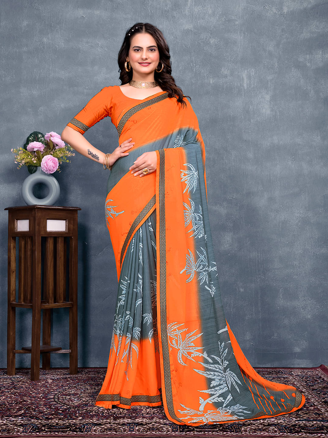     			Maayro Georgette Printed Saree With Unstitched Blouse Piece ( Orange )