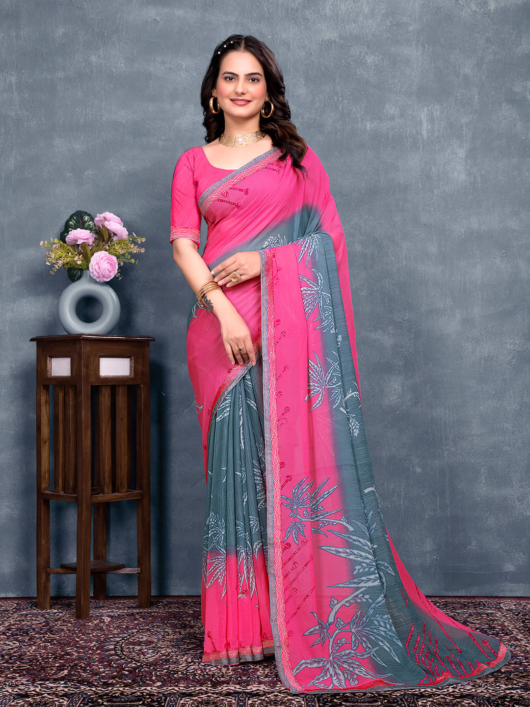     			Maayro Georgette Printed Saree With Unstitched Blouse Piece ( Pink )