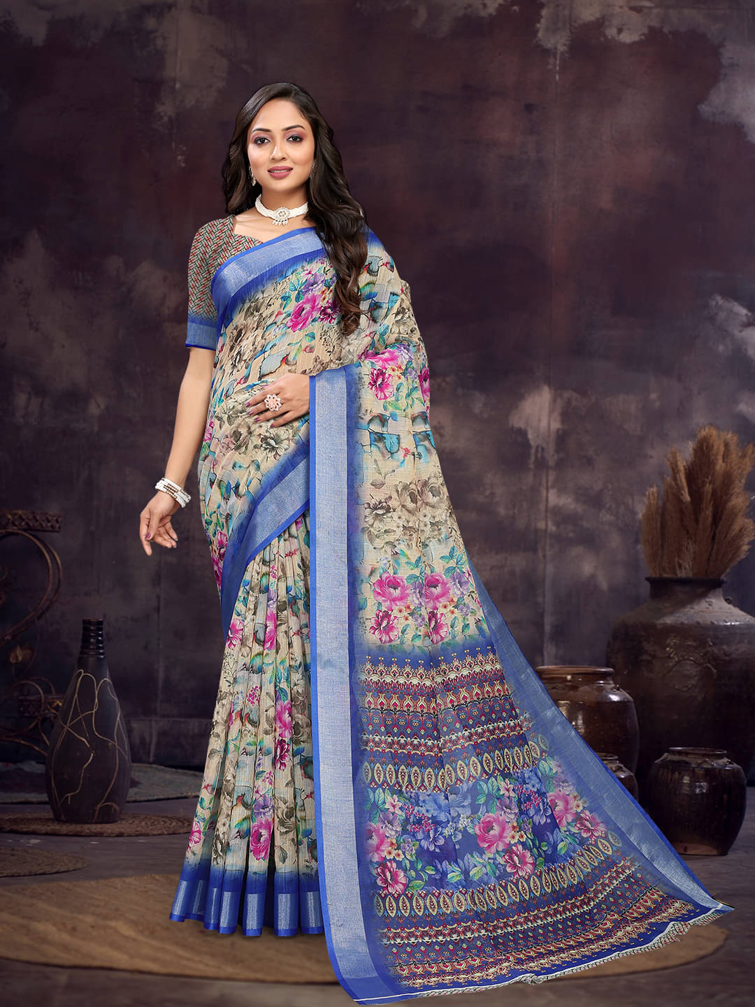 Maayro Linen Printed Saree With Unstitched Blouse Piece ( Blue ) Maayro Linen Printed Saree With Unstitched Blouse Piece ( Blue )