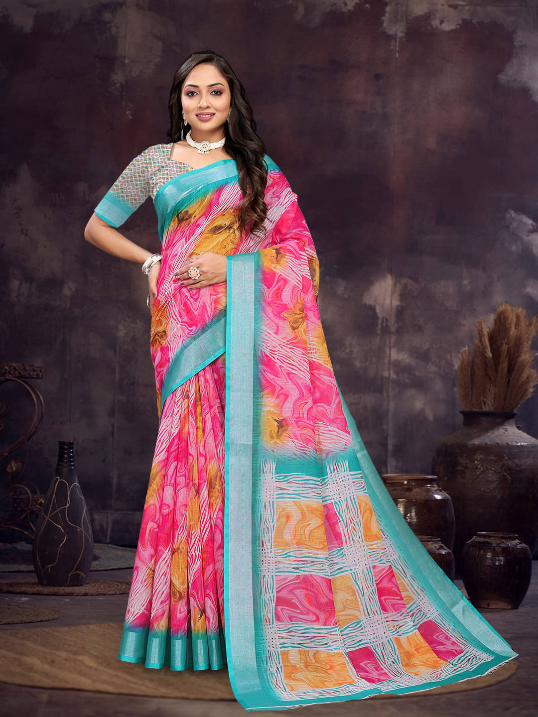 Maayro Linen Printed Saree With Unstitched Blouse Piece ( Rama ) Maayro Linen Printed Saree With Unstitched Blouse Piece ( Rama )