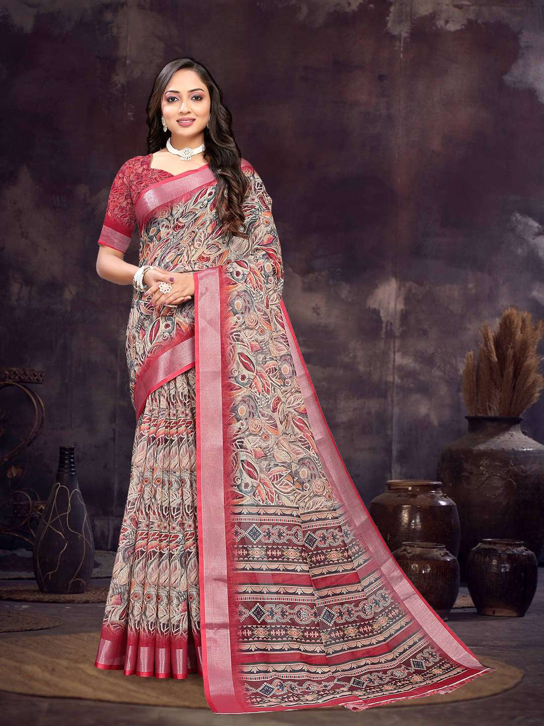 Maayro Linen Printed Saree With Unstitched Blouse Piece ( Maroon ) Maayro Linen Printed Saree With Unstitched Blouse Piece ( Maroon )