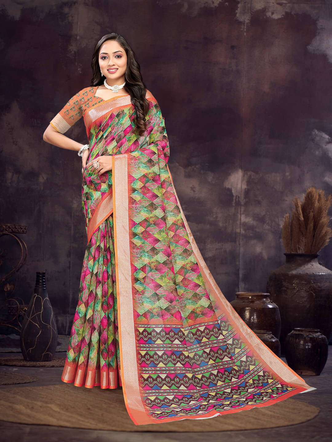     			Maayro Linen Printed Saree With Unstitched Blouse Piece ( Rust )