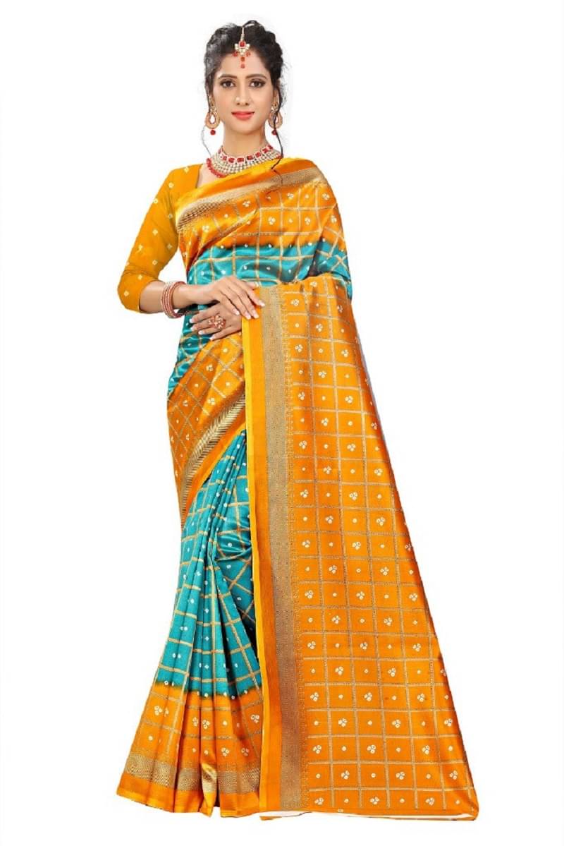     			Maayro Mysore Silk Printed Saree With Unstitched Blouse Piece ( Yellow )