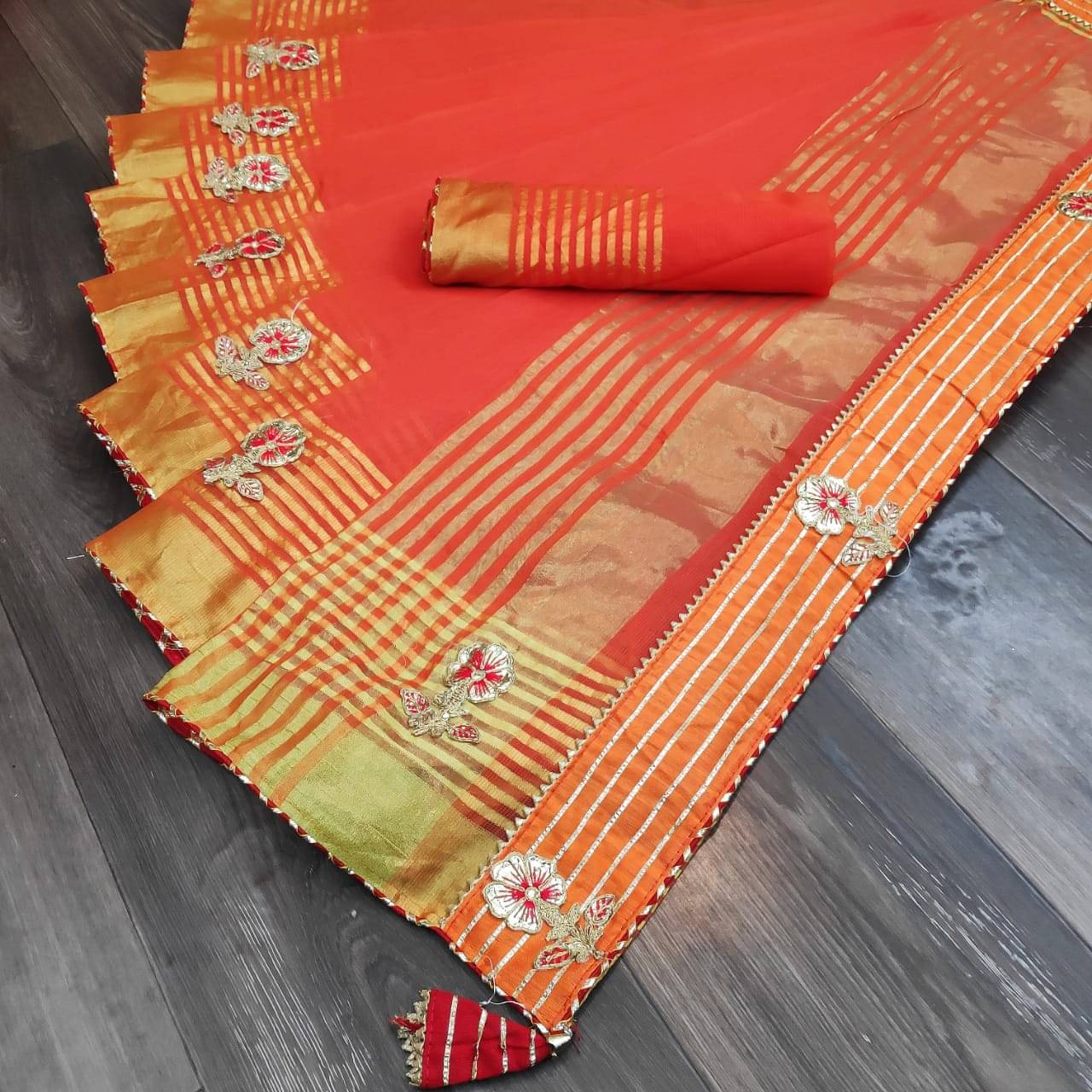 Maayro Net Embroidered Saree With Unstitched Blouse Piece ( Orange ) Maayro Net Embroidered Saree With Unstitched Blouse Piece ( Orange )