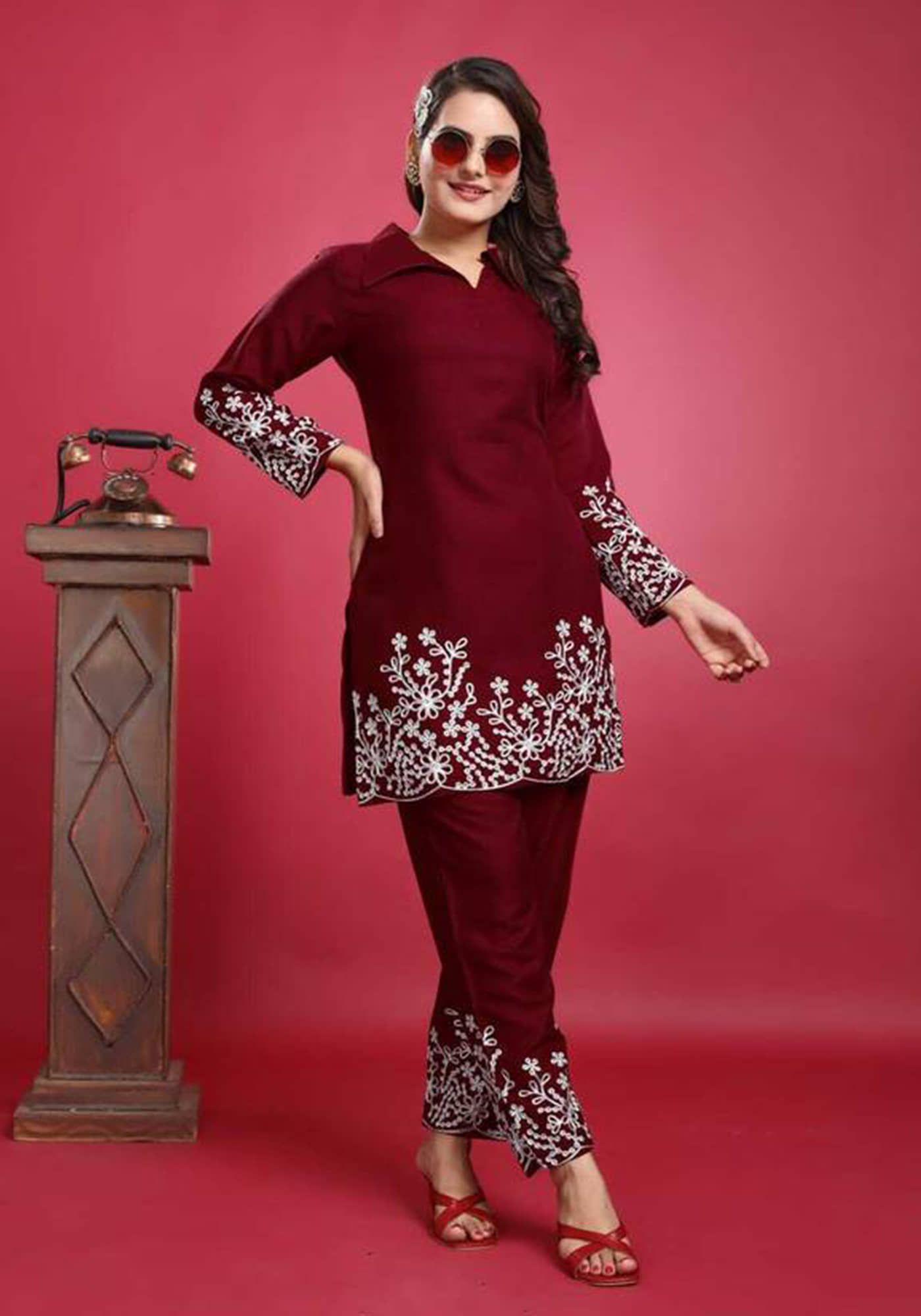 Nirja Fab Women Cotton Blend Embroidered Straight Kurti With Pants ( Maroon )
