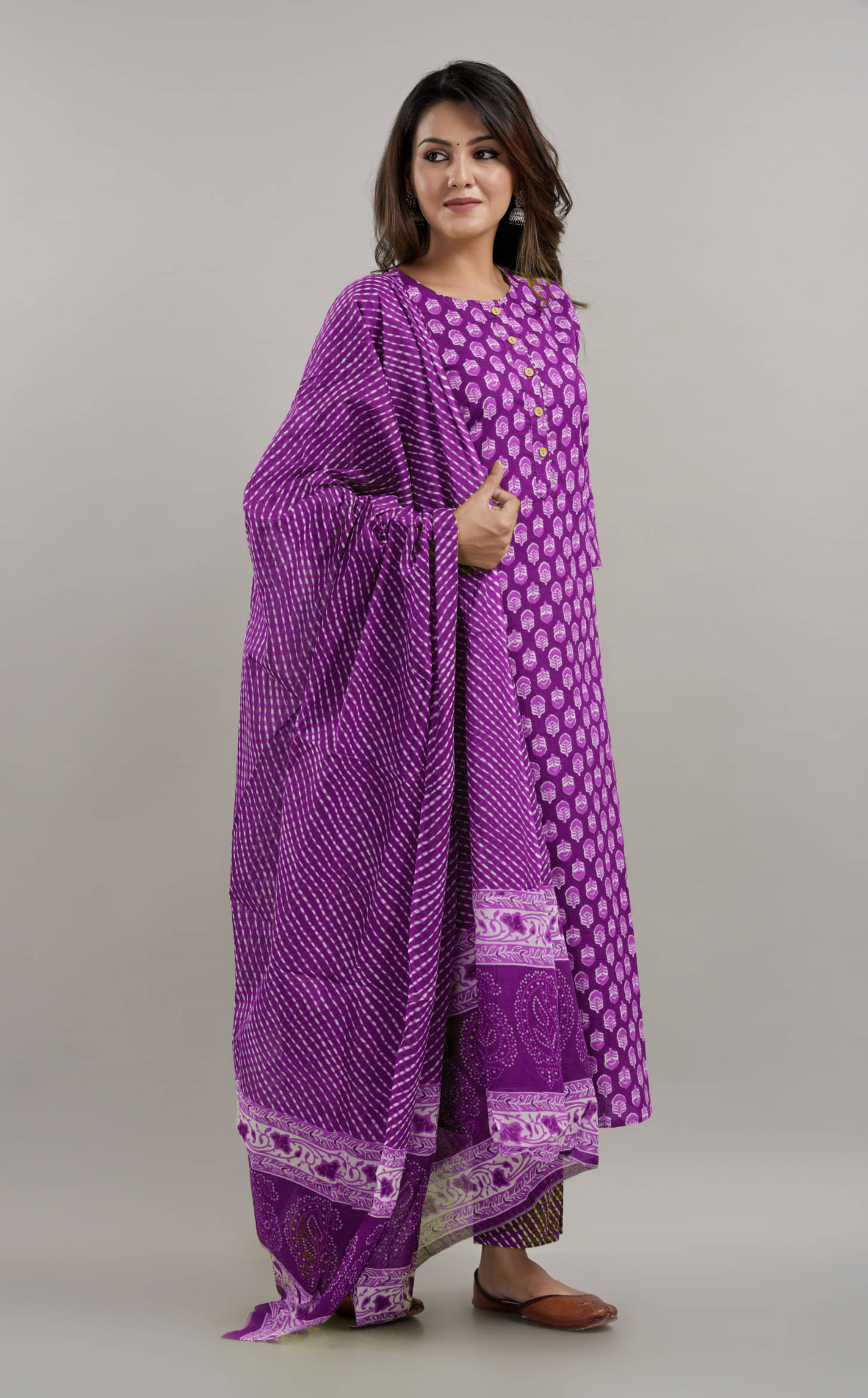     			PICHAWAI Women Cotton Printed Straight Kurti With Pants ( Purple )