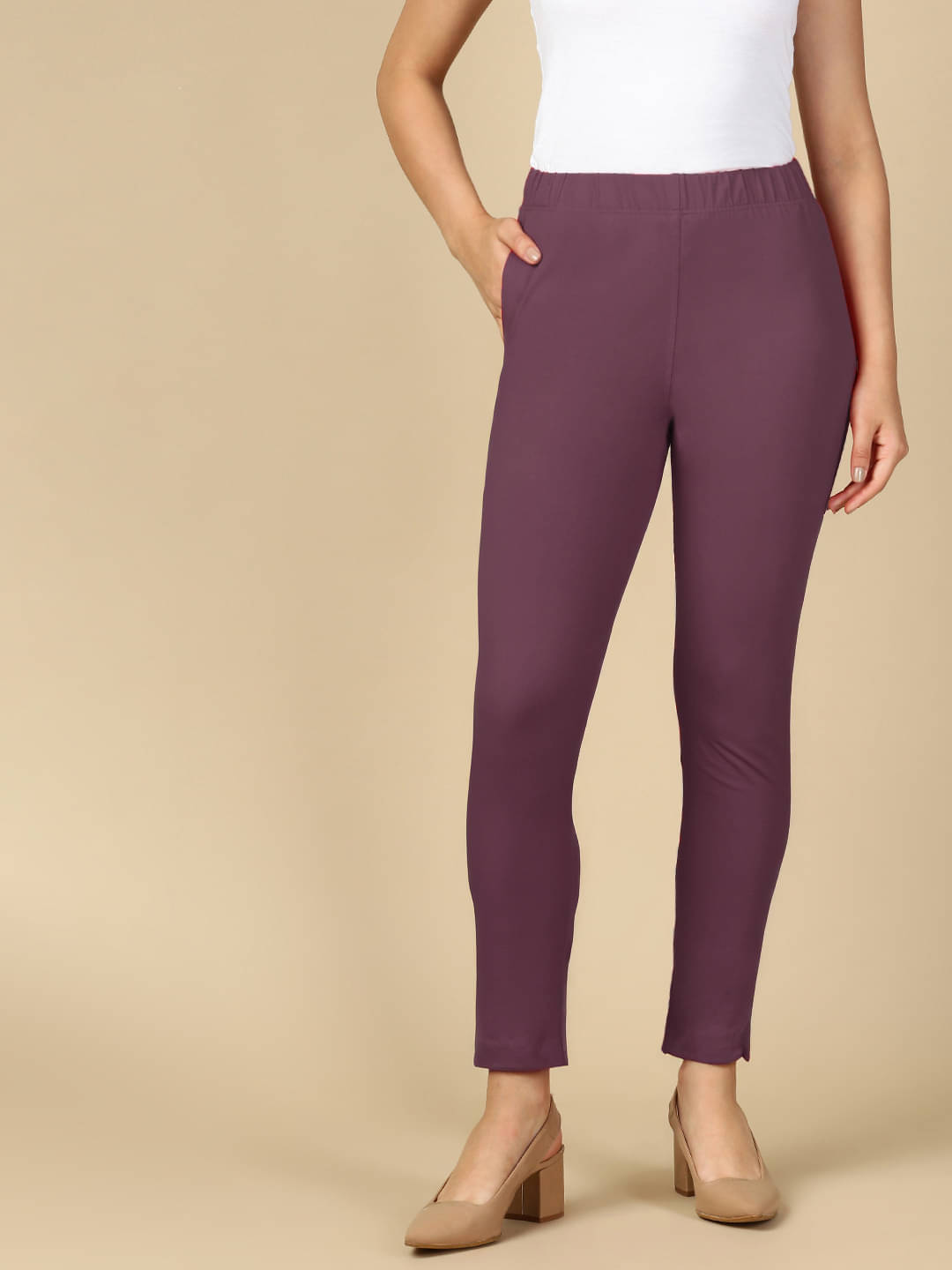 PYNK Pack of 1 Cotton Blend Regular Women's Casual Pants ( Magenta ) PYNK Pack of 1 Cotton Blend Regular Women's Casual Pants ( Magenta )