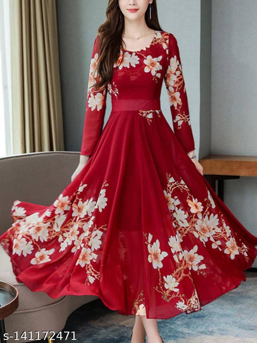 RC NEOEN Women Crepe Printed Fit & Flare Dress ( Red ) RC NEOEN Women Crepe Printed Fit & Flare Dress ( Red )