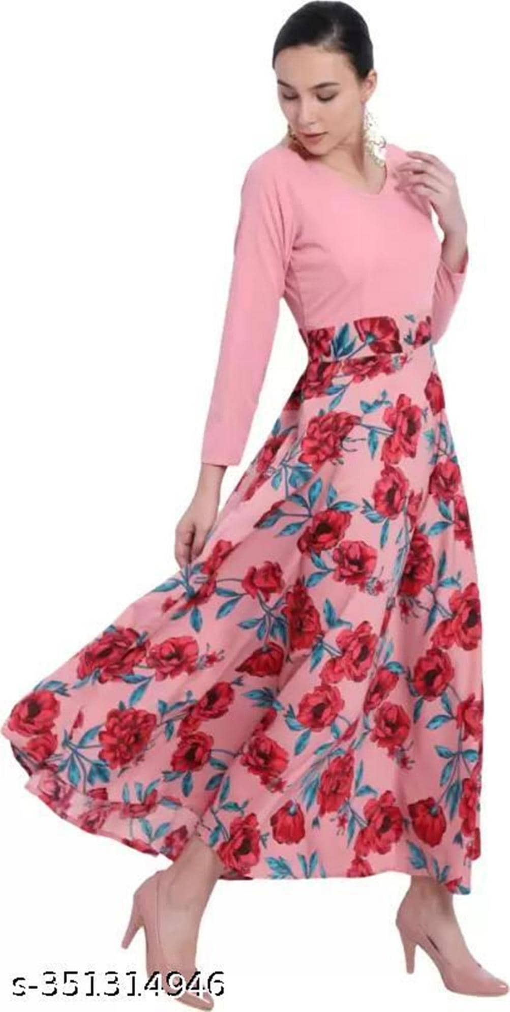 Raabta Fashion Women Crepe Printed Fit & Flare Dress ( Peach )