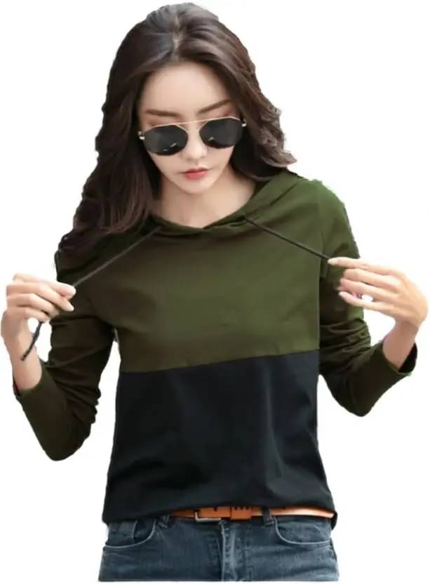     			Rebound Women Cotton Blend Colorblock Regular Hooded T-Shirt ( Olive )