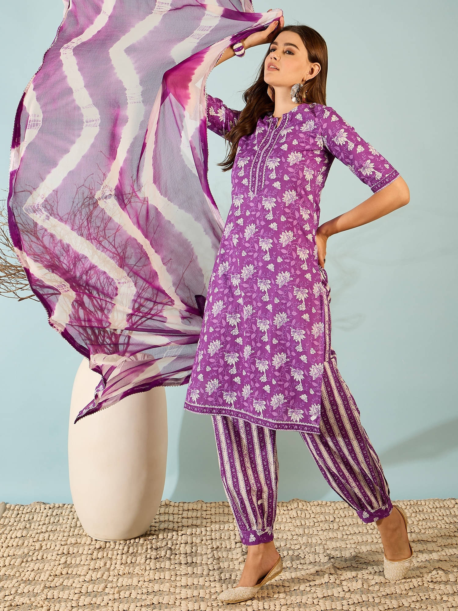 SHOBHASTRI Women Cotton Printed Straight Kurti With Pants ( Purple )     			SHOBHASTRI Women Cotton Printed Straight Kurti With Pants ( Purple )