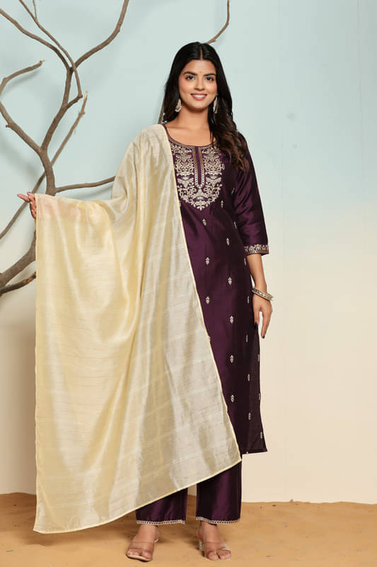 SUAAC Women Silk Blend Embroidered Straight Kurti With Pants ( Wine ) SUAAC Women Silk Blend Embroidered Straight Kurti With Pants ( Wine )