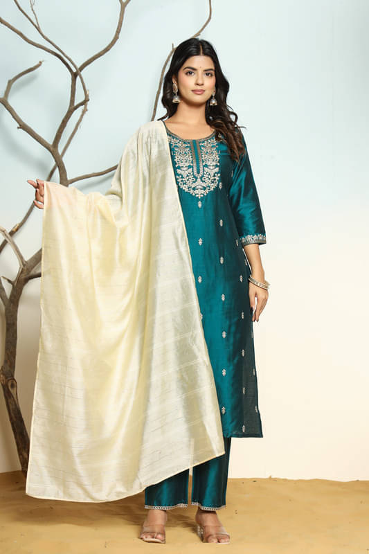 SUAAC Women Silk Blend Embroidered Straight Kurti With Pants ( Green ) SUAAC Women Silk Blend Embroidered Straight Kurti With Pants ( Green )