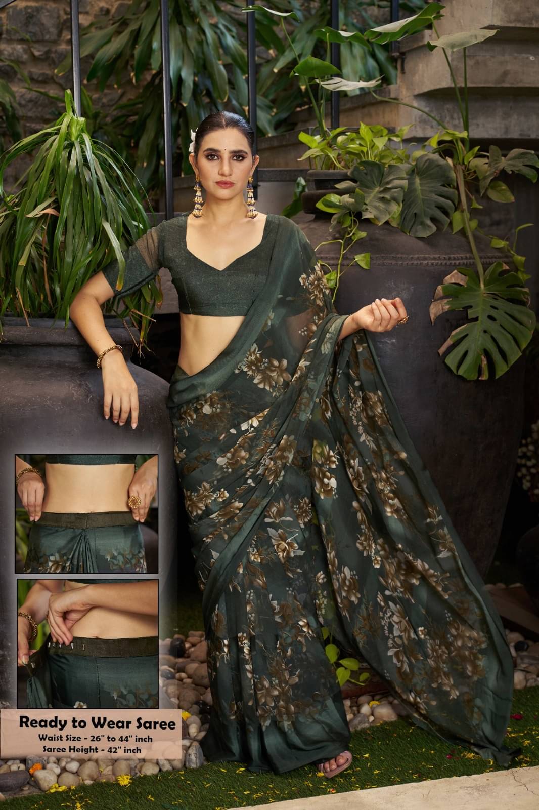 Sanwariya Silk Satin Printed Ready to Wear Saree With Unstitched Blouse Piece ( Green )     			Sanwariya Silk Satin Printed Ready to Wear Saree With Unstitched Blouse Piece ( Green )