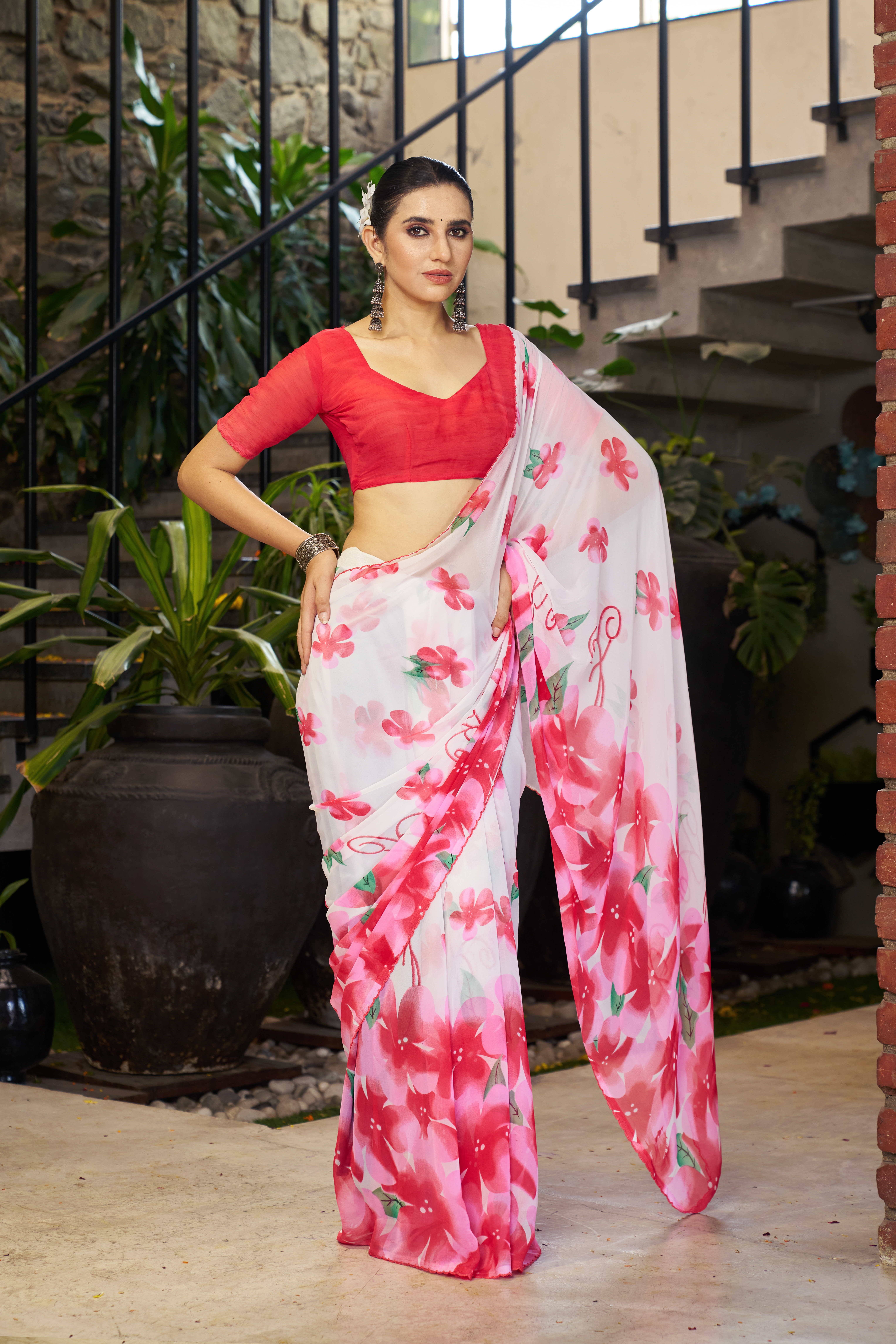     			Sitanjali Lifestyle Georgette Printed Ready to Wear Saree With Unstitched Blouse Piece ( Pink )