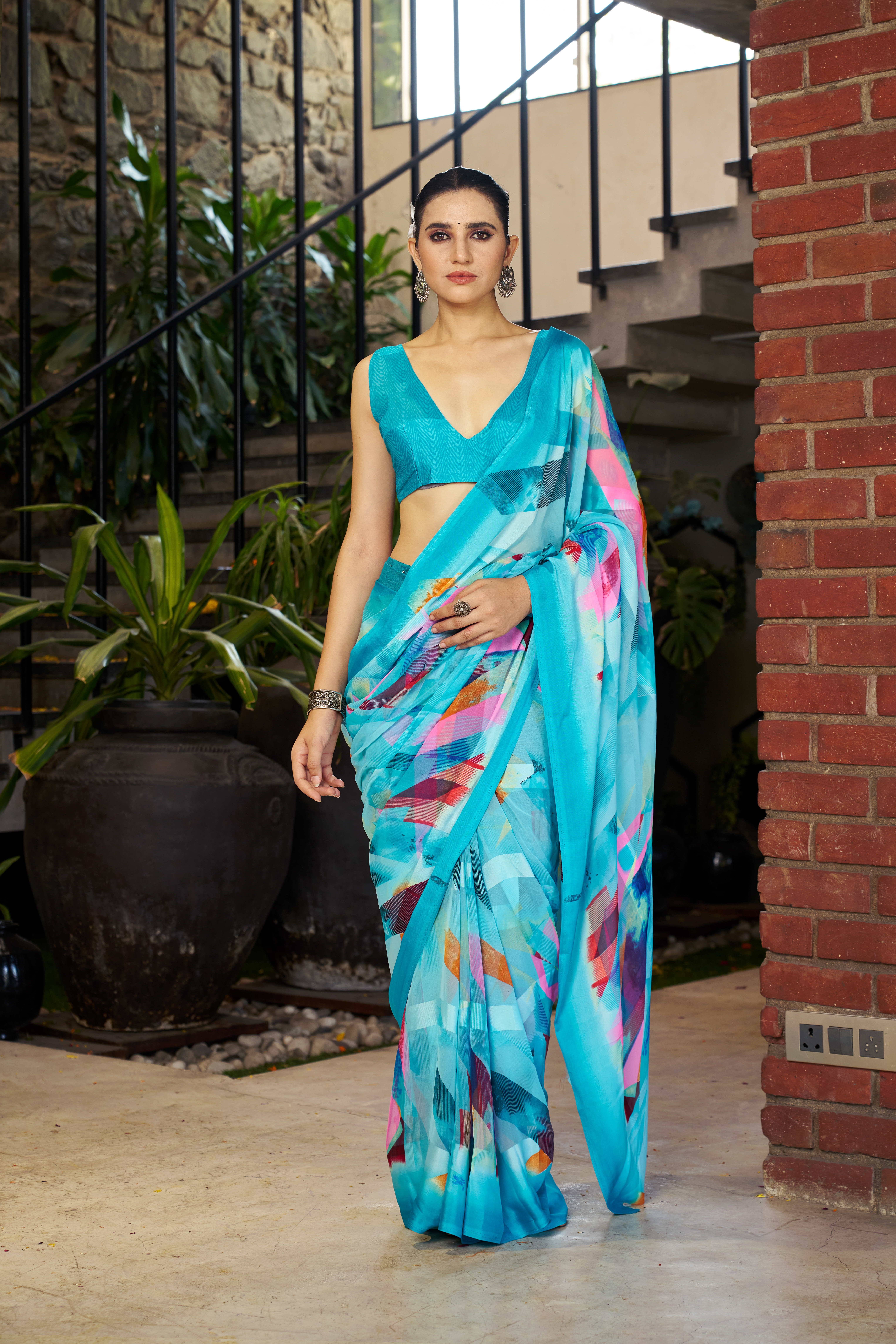     			Sitanjali Satin Printed Ready to Wear Saree With Unstitched Blouse Piece ( Blue )