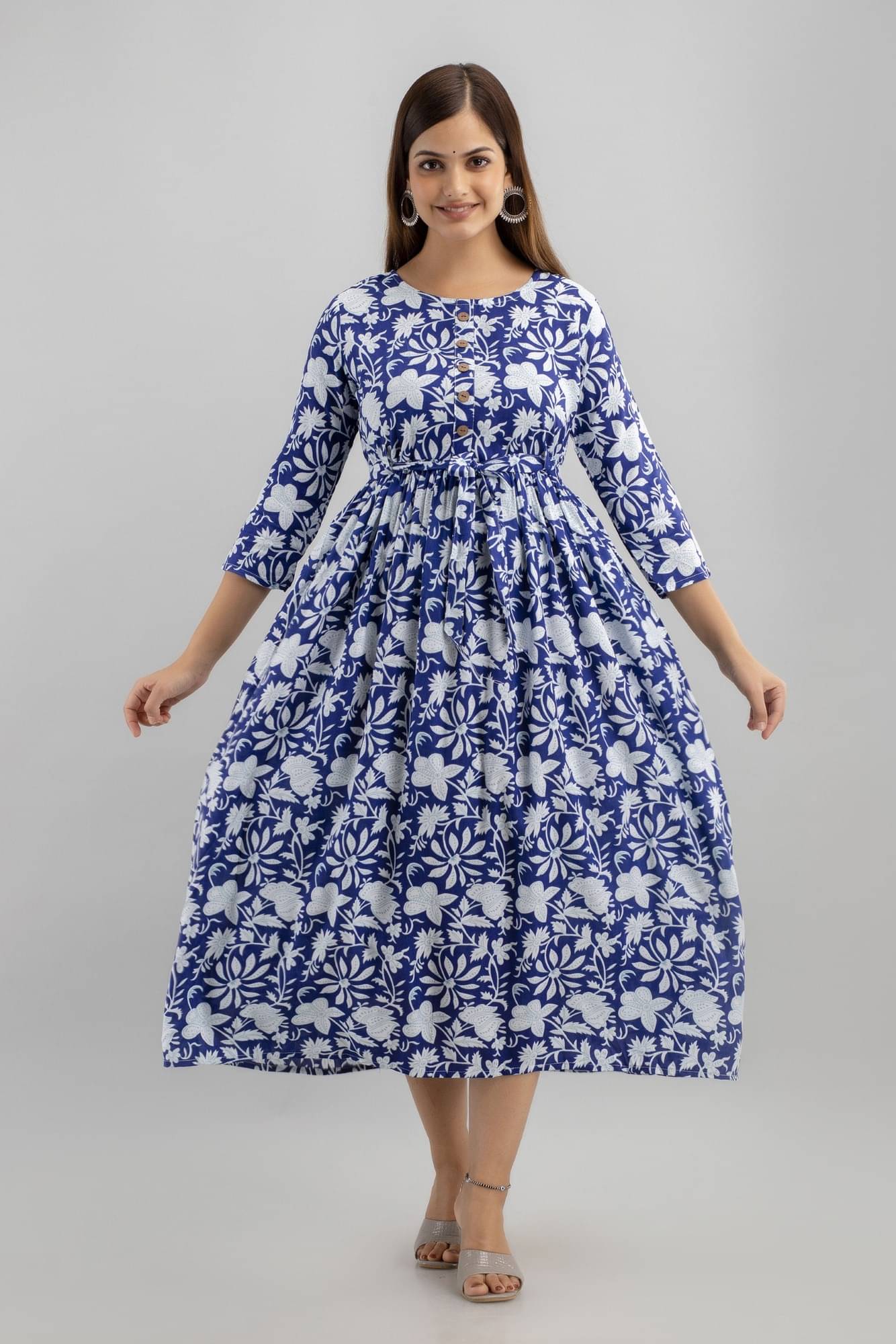 TRENDSWILL Women's Viscose Rayon Printed Fit & Flare Dress ( Blue ) TRENDSWILL Women's Viscose Rayon Printed Fit & Flare Dress ( Blue )
