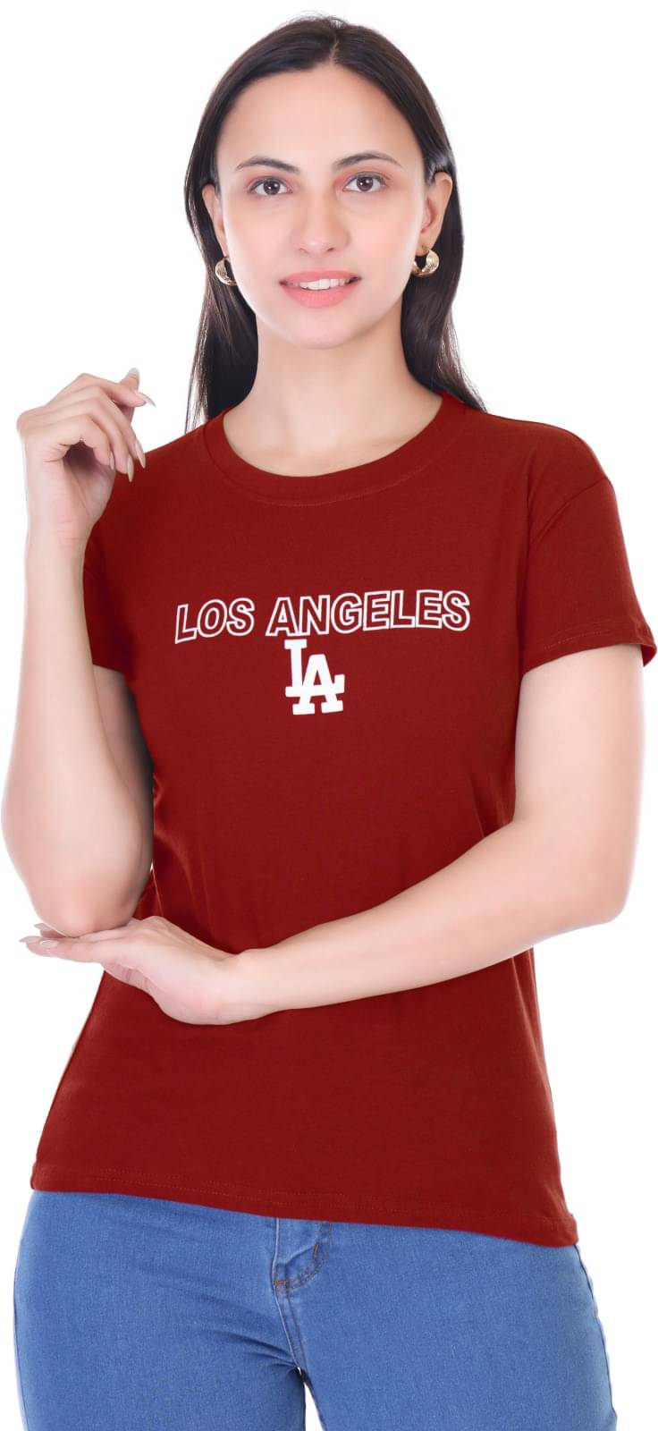     			Urboholic Women Cotton Printed Regular Round Neck T-Shirt ( Maroon )