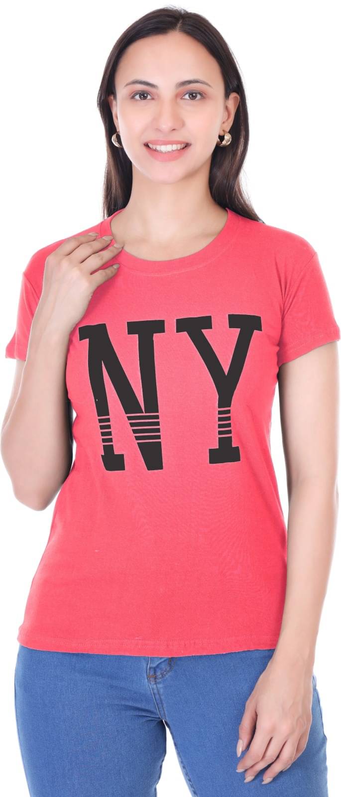     			Urboholic Women Cotton Printed Regular Round Neck T-Shirt ( Pink )