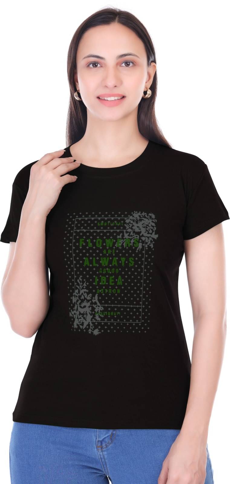     			Urboholic Women Cotton Printed Regular Fit Round Neck T-Shirt ( Black )