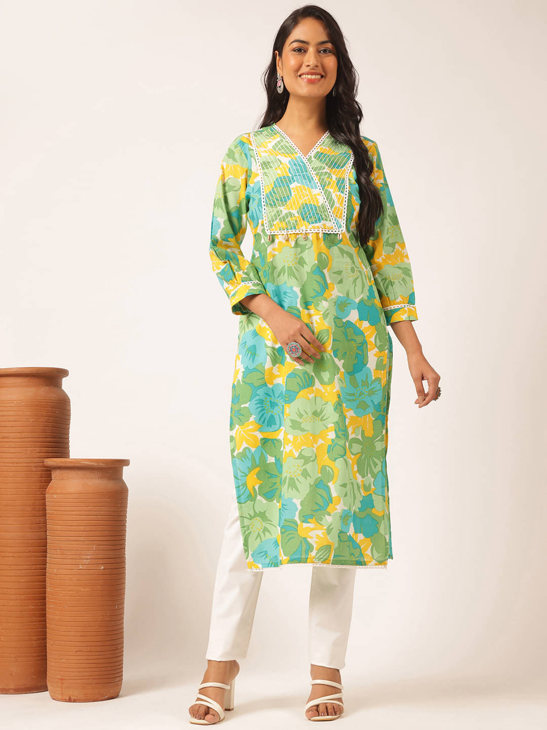     			Vbuyz Women's Cotton Printed Straight Kurti - ( Light Green )