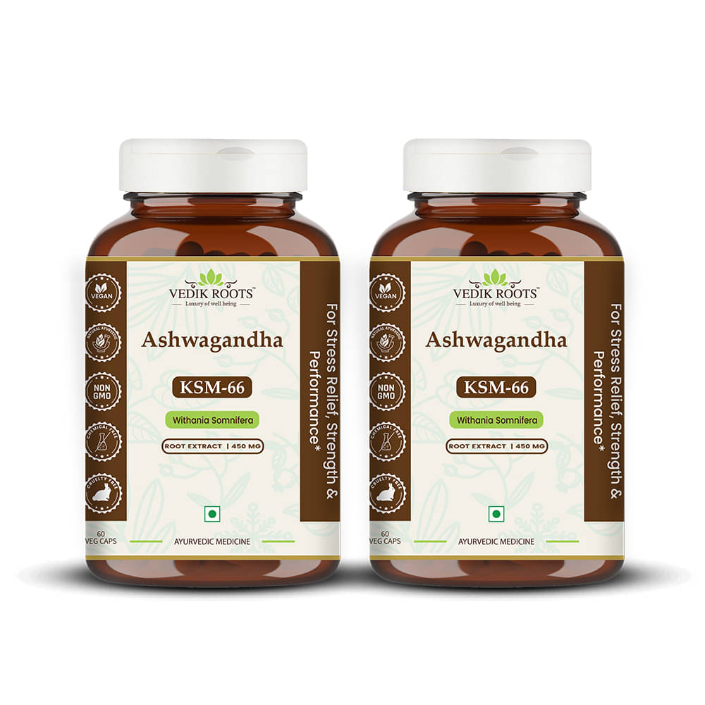     			Vedikroots Ashwagandha KSM-66 Capsules (450 mg) | 100% Pure Root Extract | Extra Strength Natural Formulation | Help Mental Clarity and Focus| Support to Reduces Stress and Anxiety - 60 Vegetarian Capsules