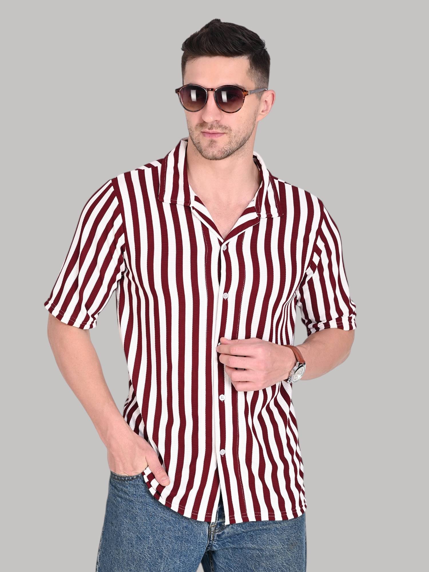 wanquila Cotton Blend Regular Fit Striped Half Sleeves Men's Casual Shirt - Maroon ( Pack of 1 ) wanquila Cotton Blend Regular Fit Striped Half Sleeves Men's Casual Shirt - Maroon ( Pack of 1 )