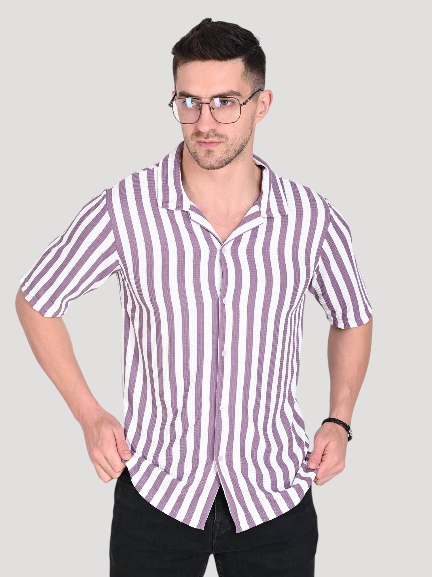     			wanquila Cotton Blend Regular Fit Striped Half Sleeves Men's Casual Shirt - Purple ( Pack of 1 )