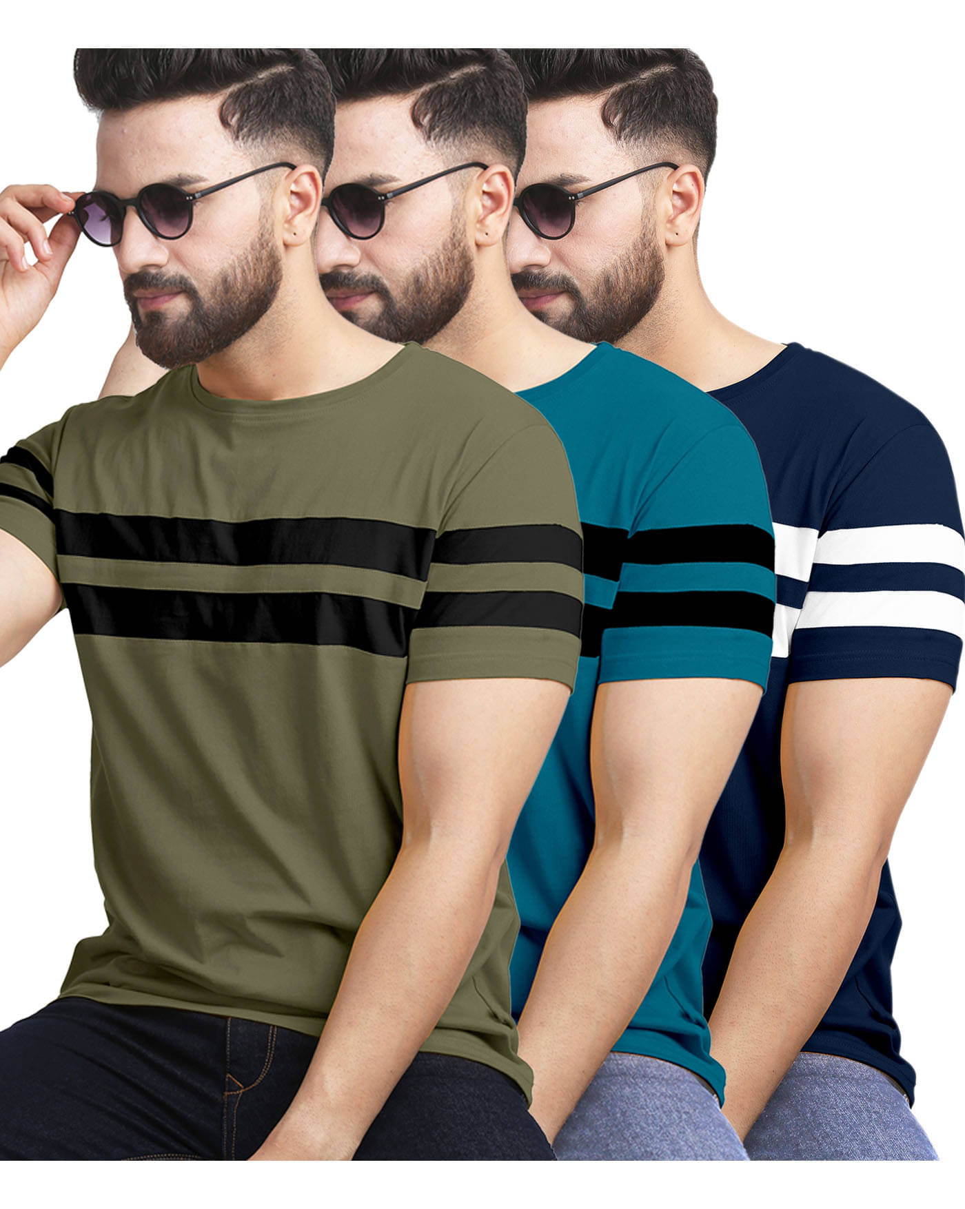 AOOSH Men Cotton Blend Regular Fit Striped T-Shirt ( Navy Blue ) AOOSH Men Cotton Blend Regular Fit Striped T-Shirt ( Navy Blue )