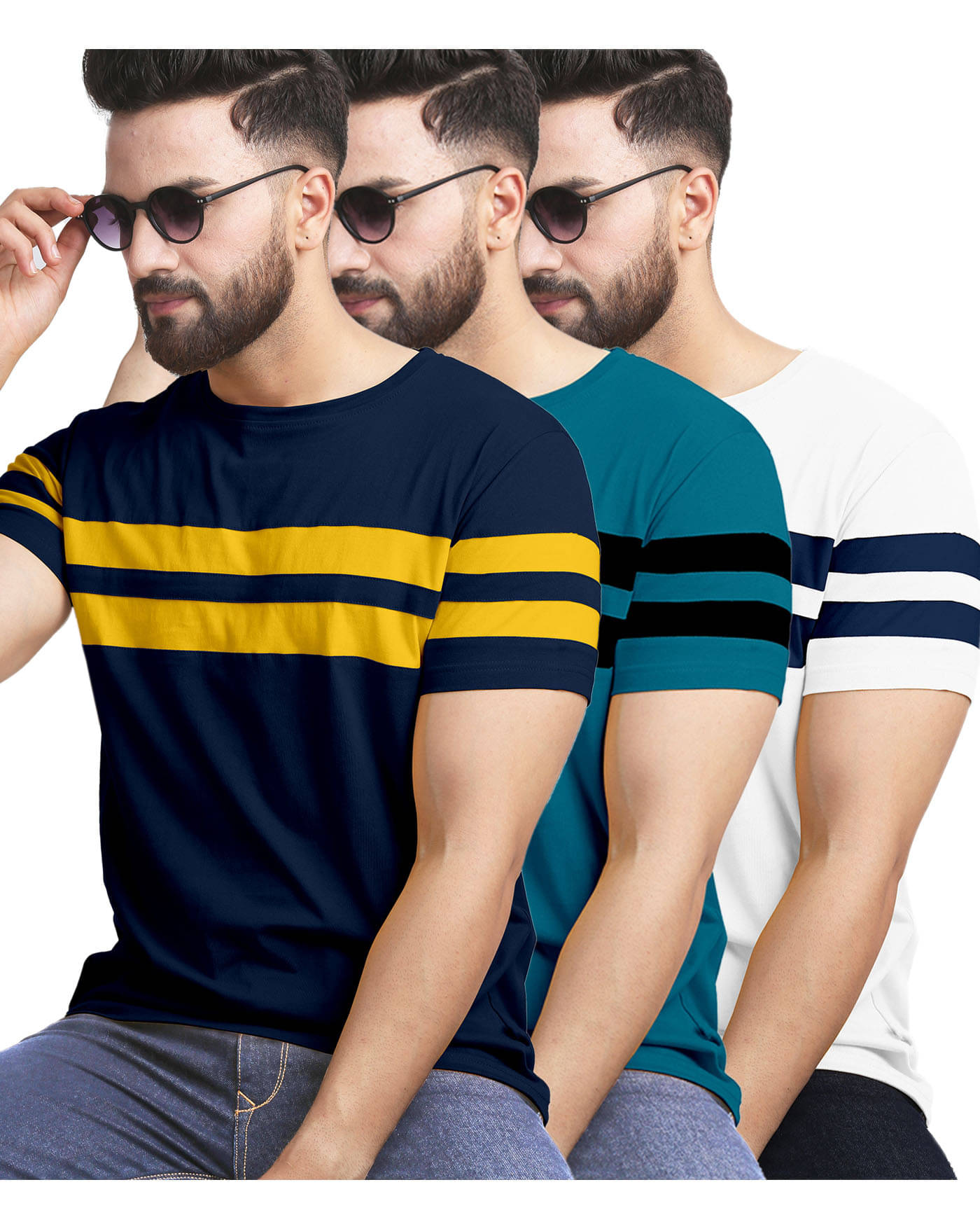 AOOSH Men Cotton Blend Regular Fit Striped T-Shirt ( White )     			AOOSH Men Cotton Blend Regular Fit Striped T-Shirt ( White )