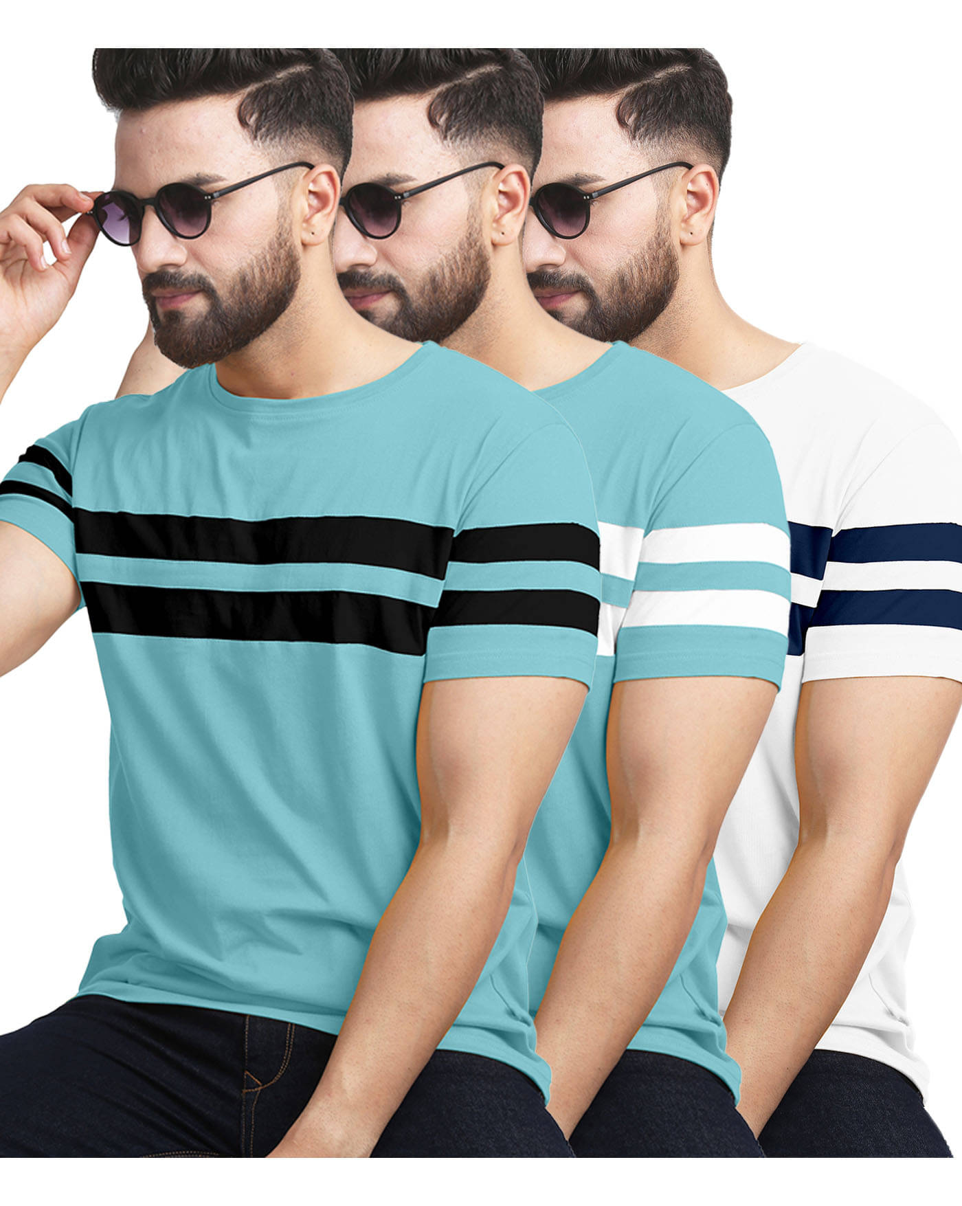     			AOOSH Men Cotton Blend Regular Fit Striped T-Shirt ( Sky Blue )