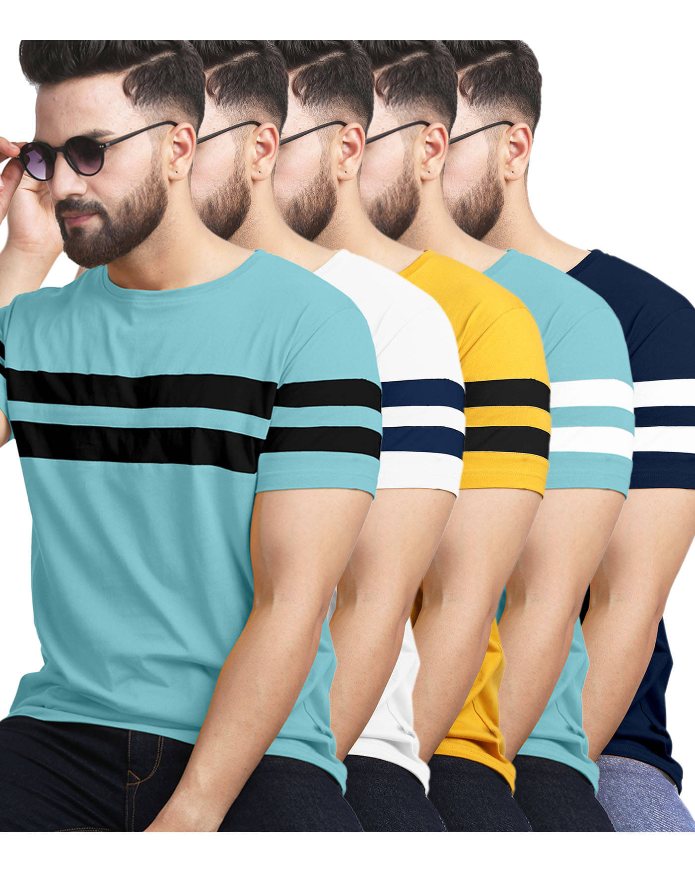 AOOSH Men Cotton Blend Regular Fit Striped T-Shirt ( Navy Blue ) AOOSH Men Cotton Blend Regular Fit Striped T-Shirt ( Navy Blue )