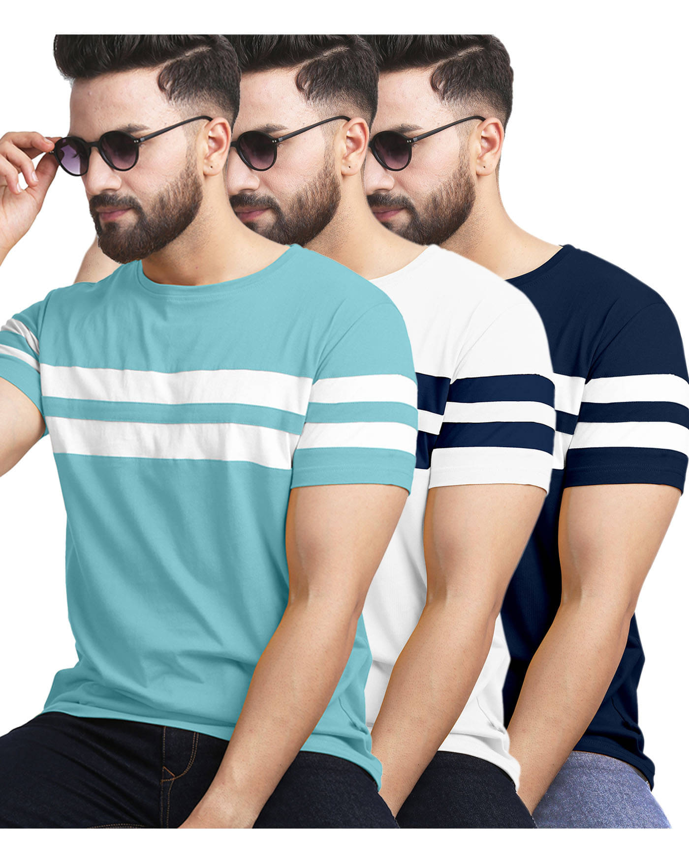 AOOSH Men Cotton Blend Regular Fit Striped T-Shirt ( Navy Blue ) AOOSH Men Cotton Blend Regular Fit Striped T-Shirt ( Navy Blue )